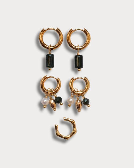 SET CON EARCUFF - Set di due paia di orecchini e earcuff con pietre di agata indiana e perle di fiume