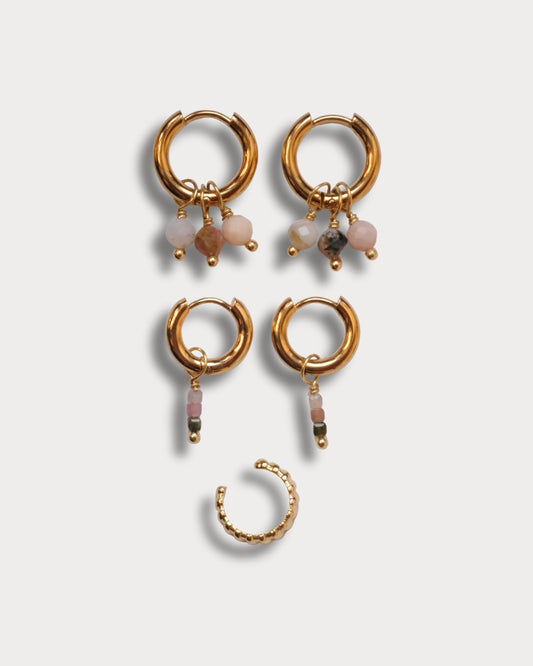 SET CON EARCUFF - Set di due paia di orecchini e earcuff con pietre di rodonite e pietre di tormalina