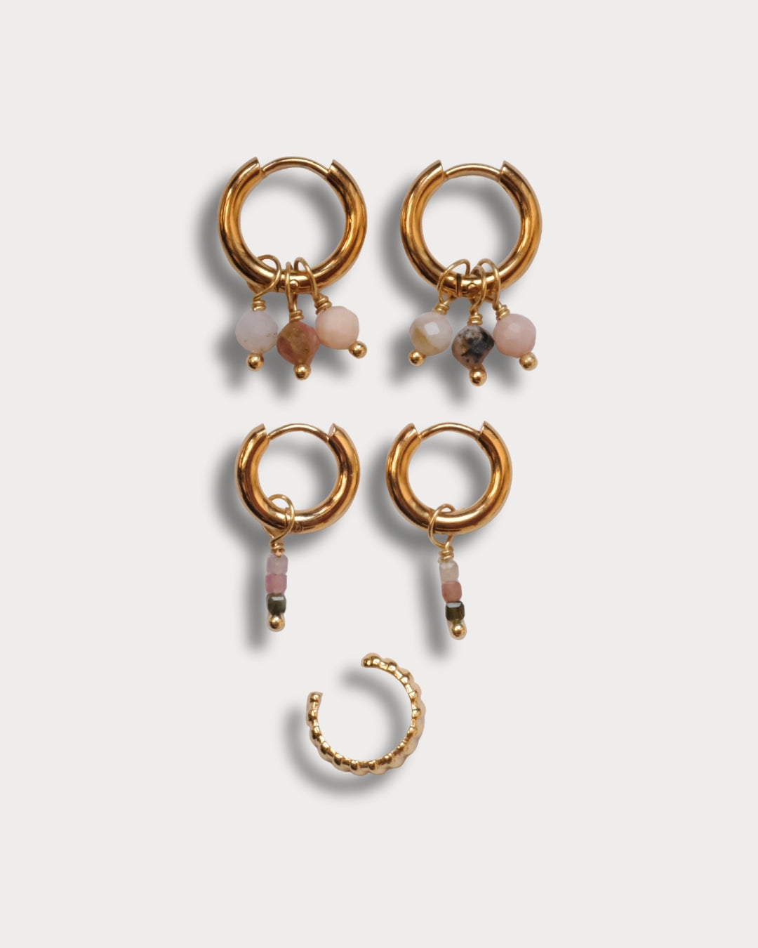 SET CON EARCUFF - Set di due paia di orecchini e earcuff con pietre di rodonite e pietre di tormalina