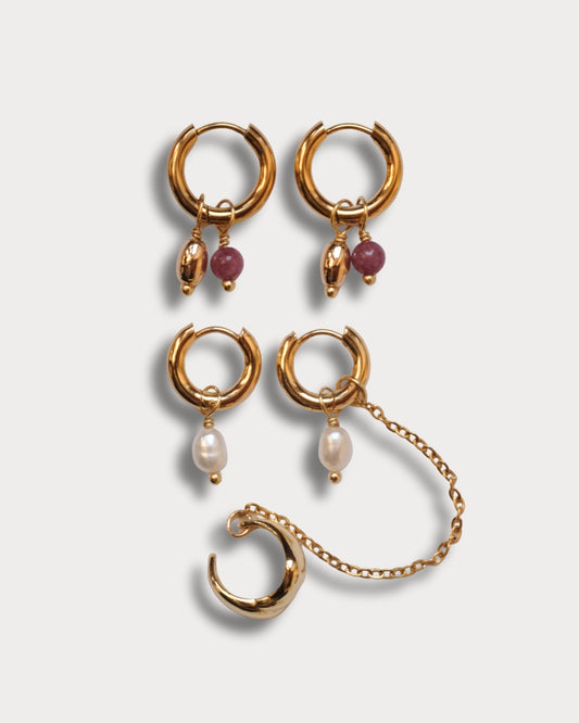 SET CON EARCUFF - Set di due paia di orecchini e earcuff con pietre di tormalina e perle di fiume