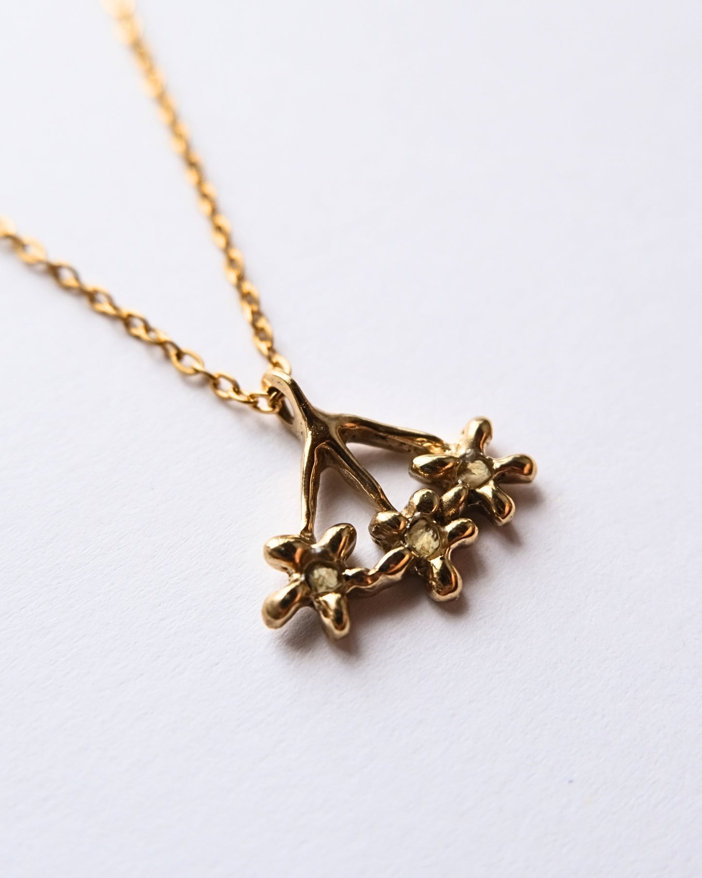 Collana con pendente a forma di carota selvatica in ottone con frammenti di petali