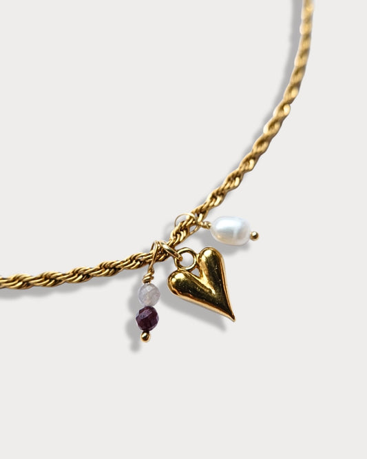 Collana a maglia intrecciata con pendente a forma di cuore, pietre di tormalina e perla di fiume