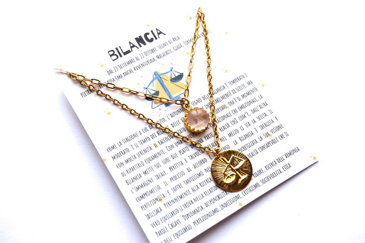 Collane con segno zodiacale della BILANCIA pietra di quarzo rosa