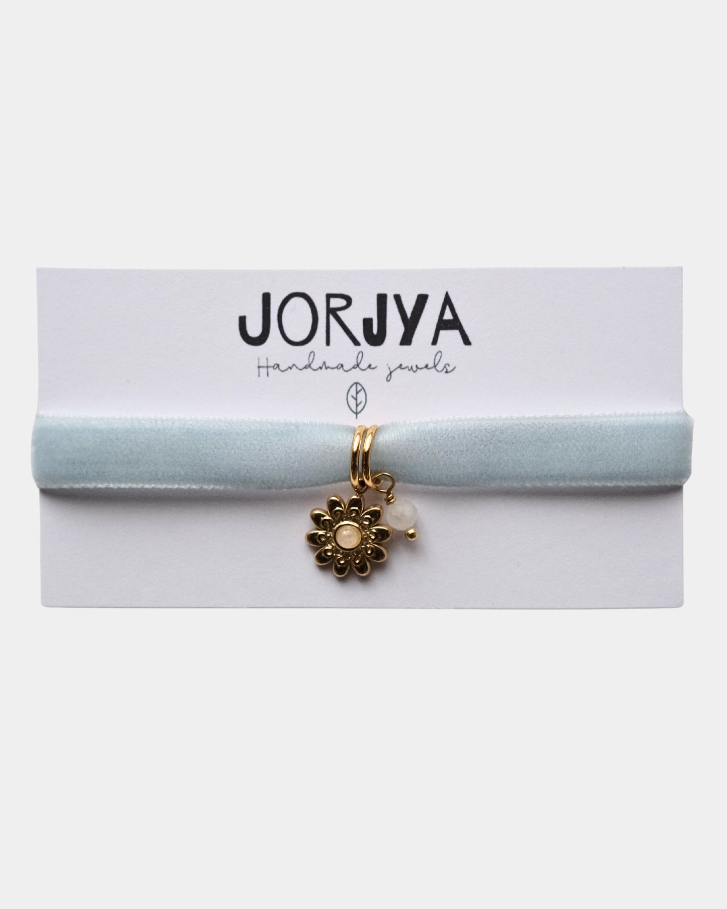 Bracciale in nastro di velluto azzurro con pendente con fiore e pietra di amazzonite