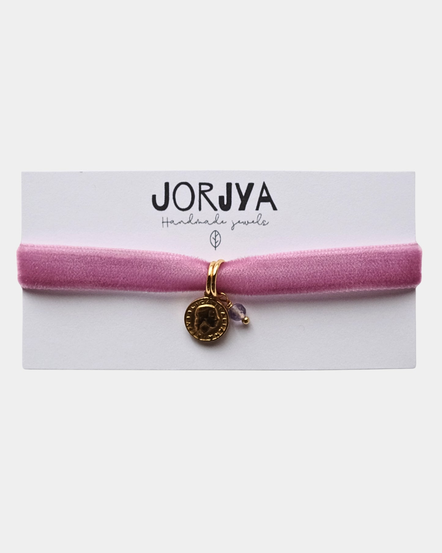Bracciale in nastro di velluto rosa con pendente con moneta e pietra di fluorite