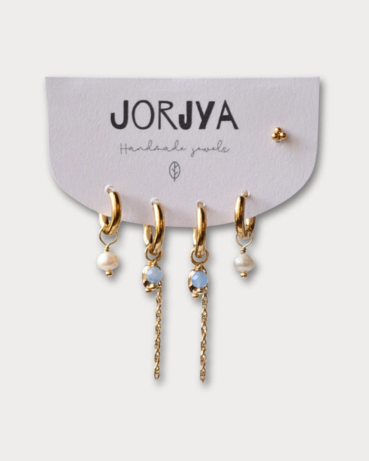 SET CON PIERCING - Set di due paia di orecchini e piercing con pietre di amazzonite e perle di fiume