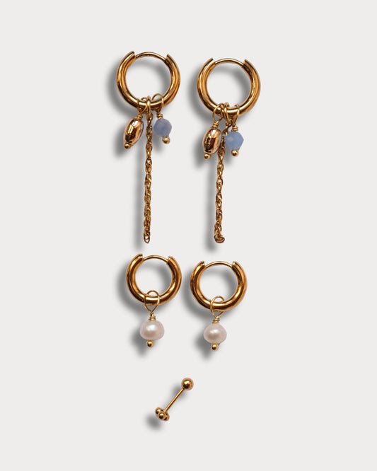 SET CON PIERCING - Set di due paia di orecchini e piercing con pietre di amazzonite e perle di fiume