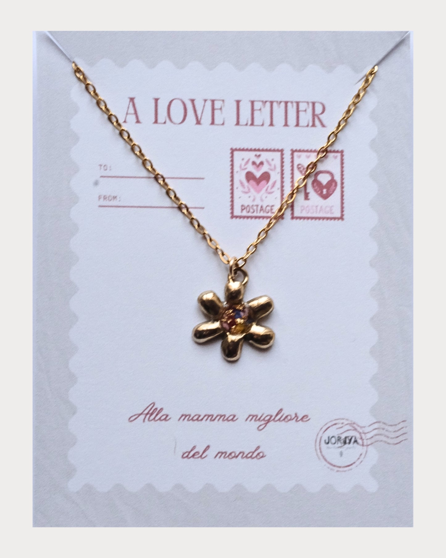 Collana a forma di fiore con frammenti di petali e foglia oro