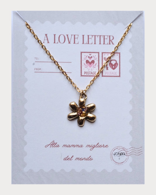 Collana a forma di fiore con frammenti di petali e foglia oro