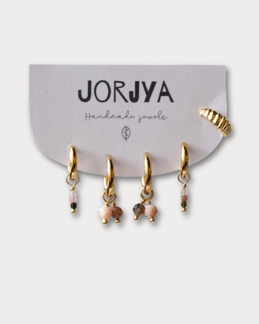 SET CON EARCUFF - Set di due paia di orecchini e earcuff con pietre di rodonite e pietre di tormalina