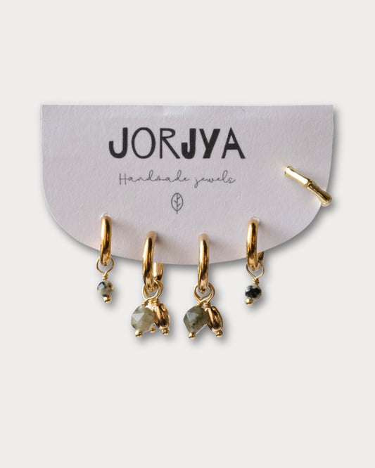 SET CON EARCUFF - Set di due paia di orecchini e earcuff con pietre di labradorite e perle di diaspro dalmata