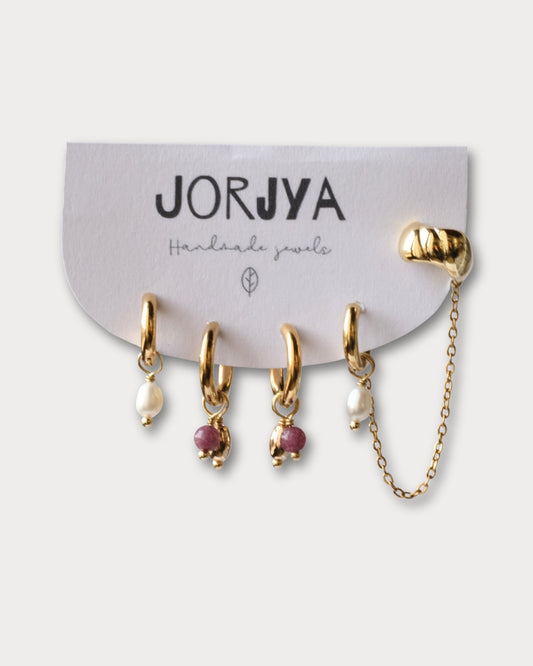 SET CON EARCUFF - Set di due paia di orecchini e earcuff con pietre di tormalina e perle di fiume