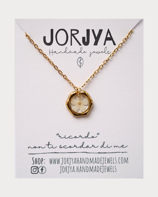 Collana "ricordo" con pendente dorato con un fiore di non ti scordar di me bianco