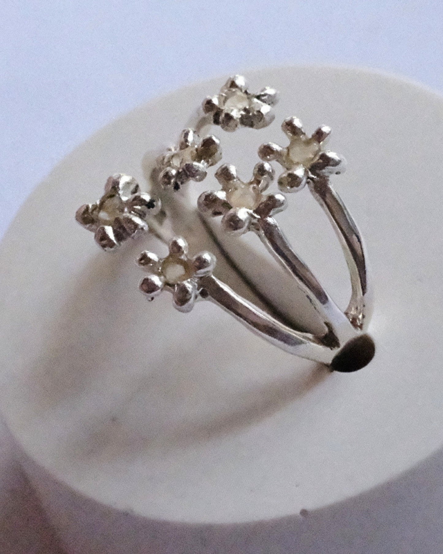 Anello in argento 925 regolabile a forma di carota selvatica con frammenti di fiori