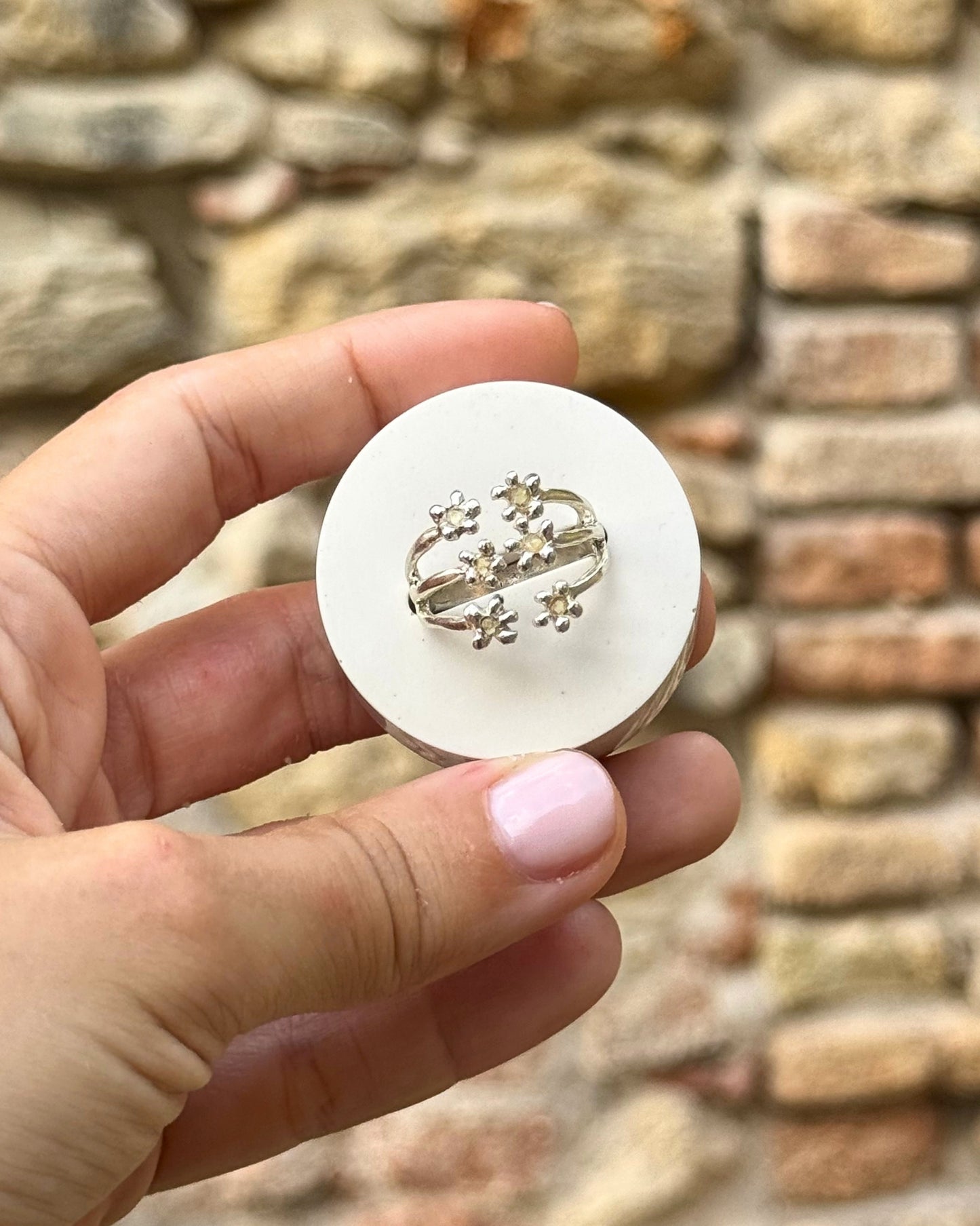 Anello in argento 925 regolabile a forma di carota selvatica con frammenti di fiori