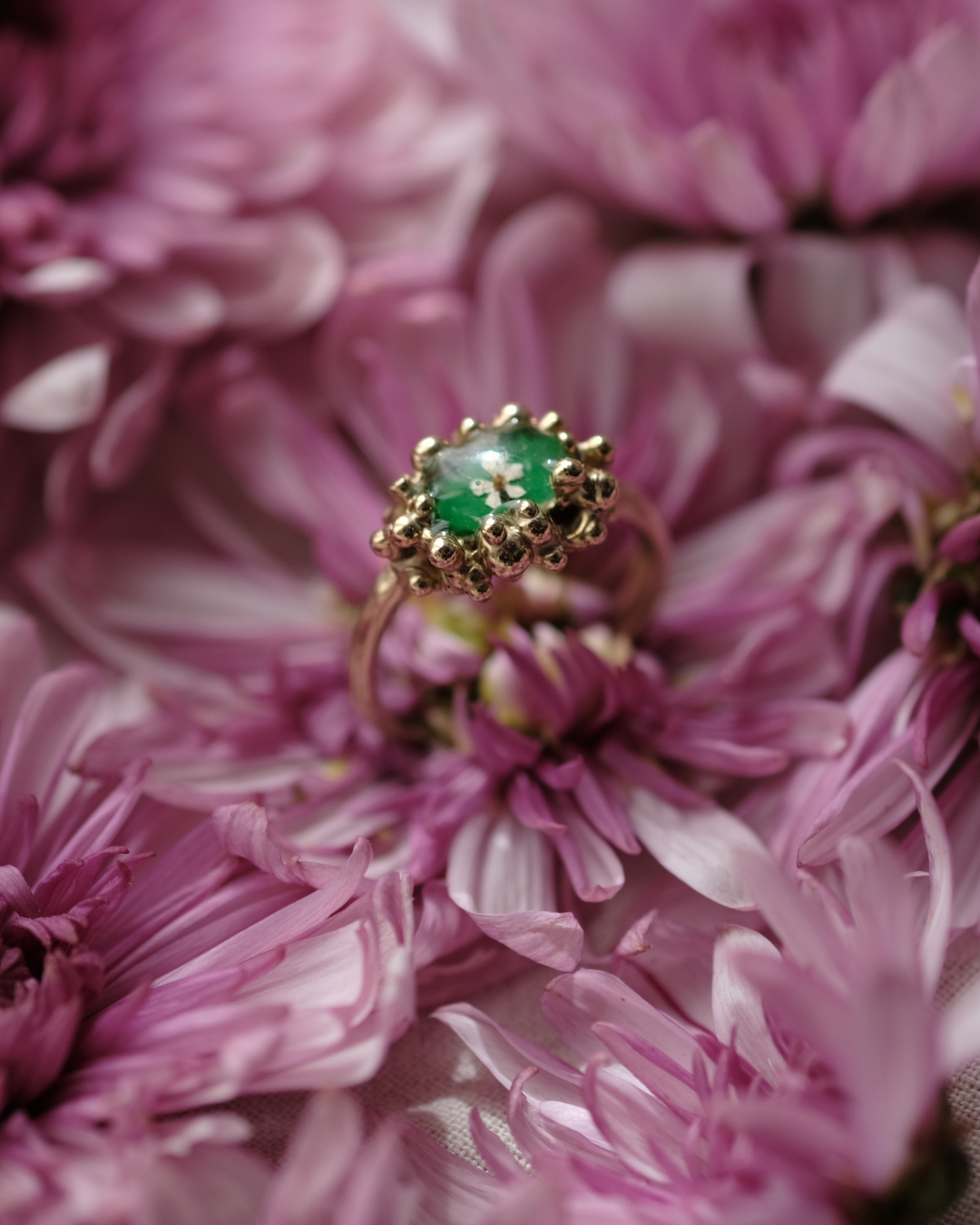 CAROTA SELVATICA - Anello in ottone con fiore di carota selvatica su base verde e gocce di rugiada