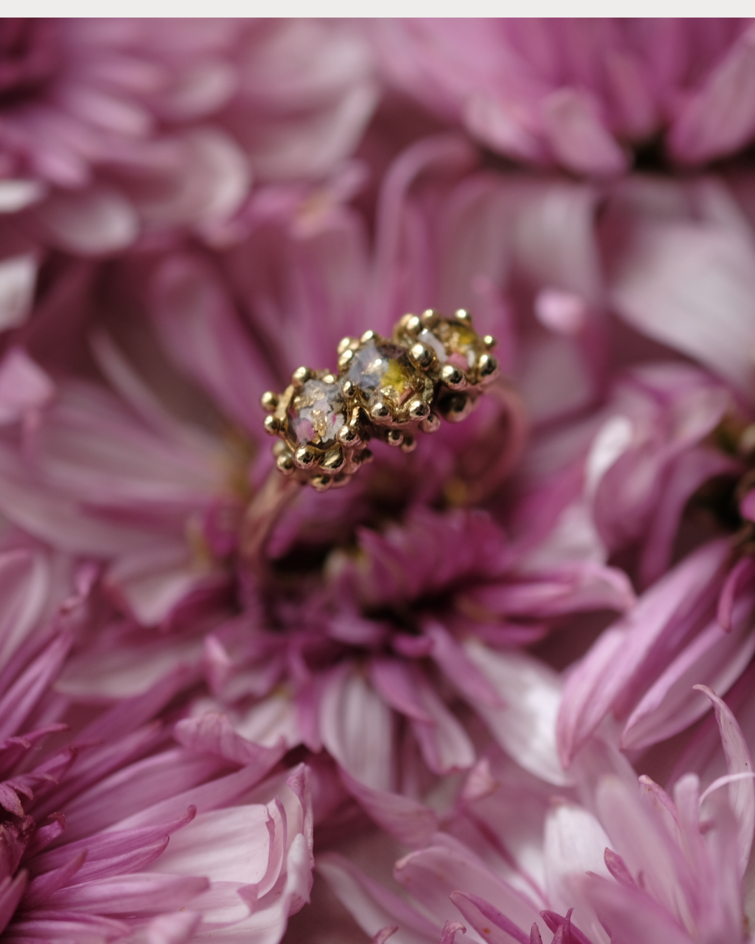 FRAMMENTI - Anello con tre gocce contenenti dei frammenti di fiori e gocce di rugiada