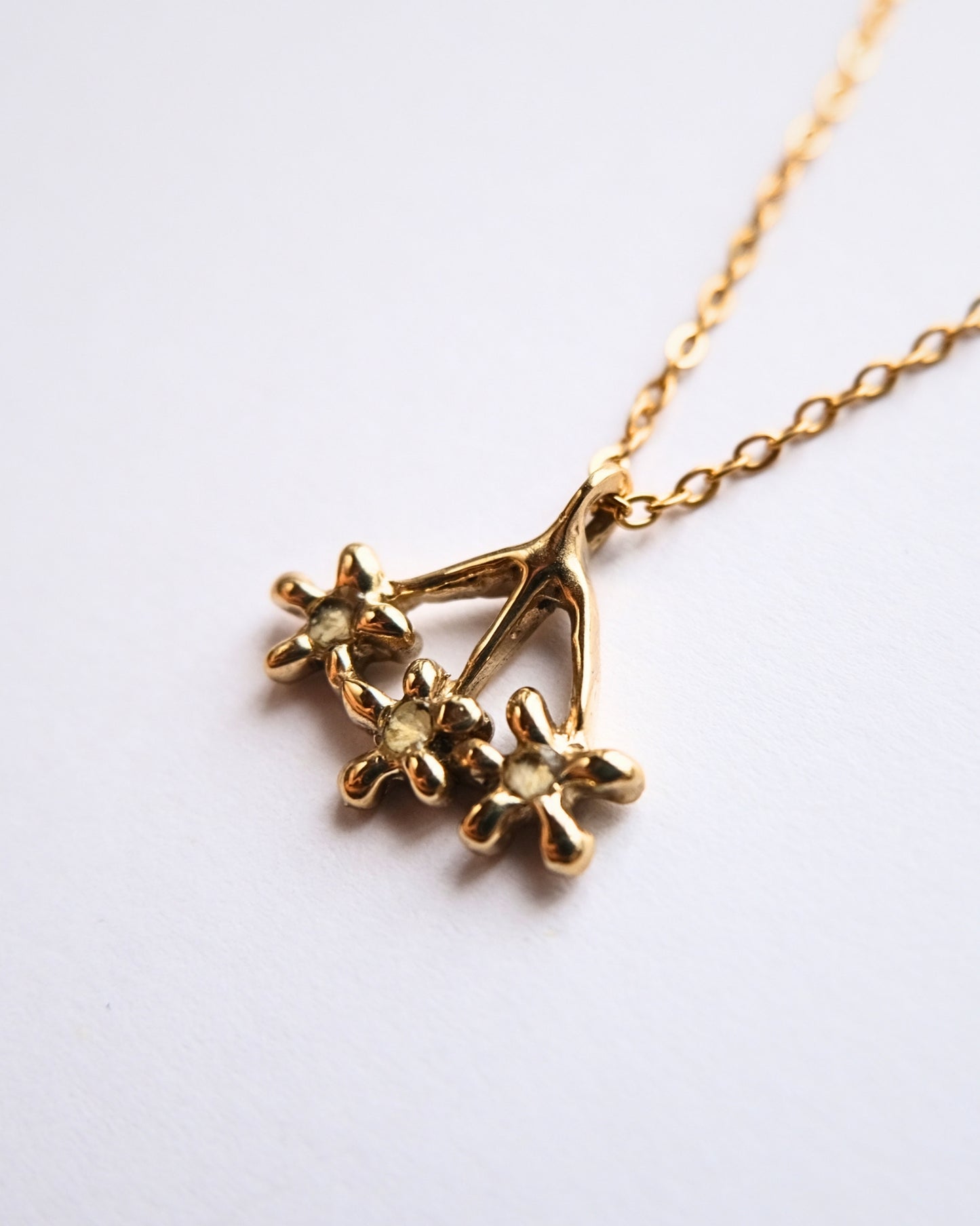 Collana con pendente a forma di carota selvatica in ottone con frammenti di petali