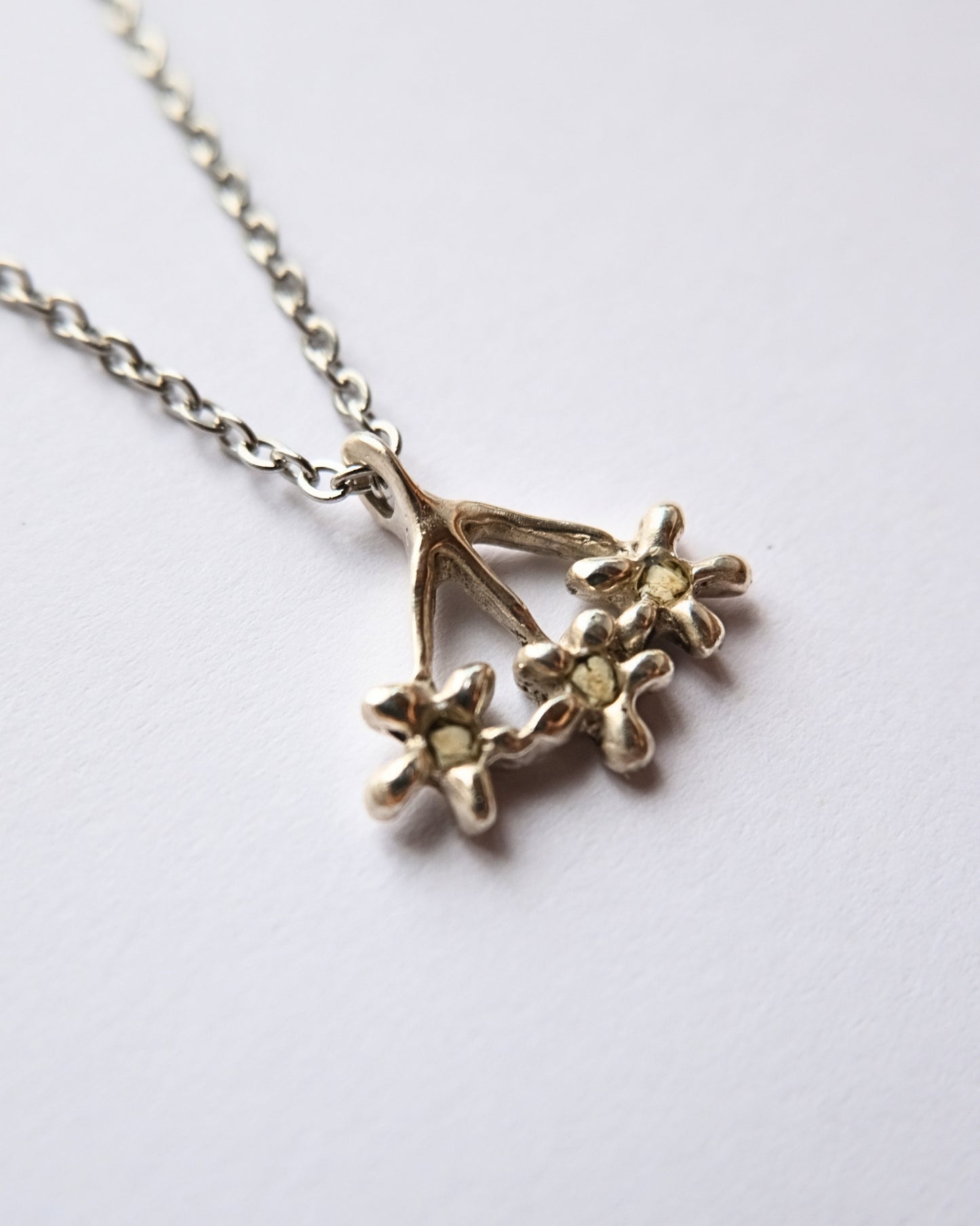 Collana con pendente a forma di carota selvatica in argento 925 con frammenti di petali