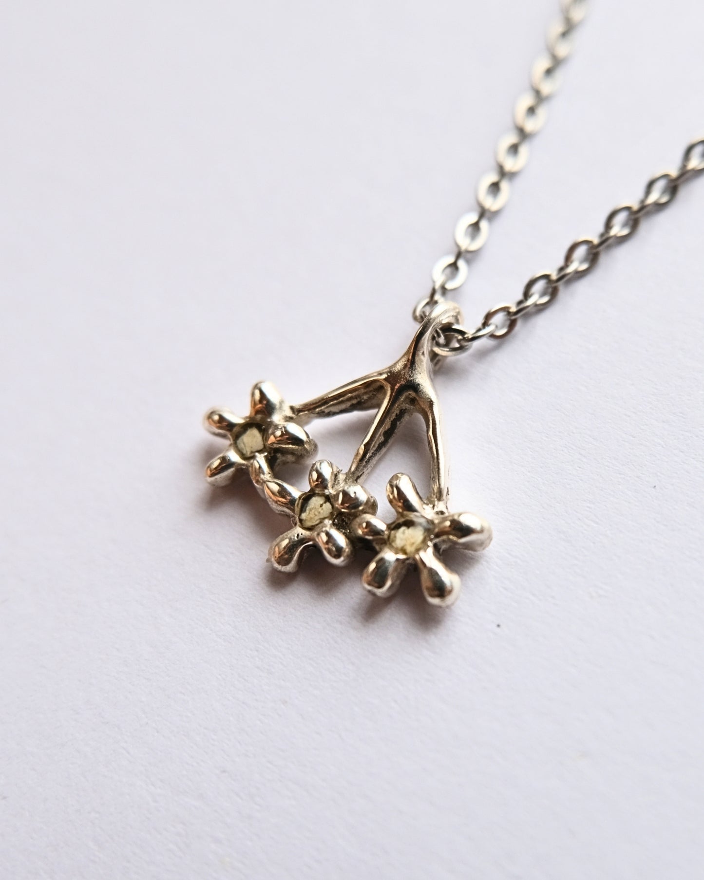 Collana con pendente a forma di carota selvatica in argento 925 con frammenti di petali