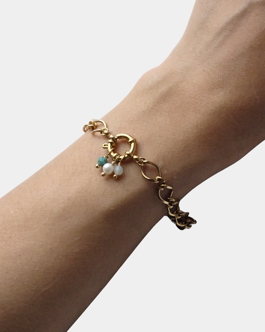 Bracciale con catena grande e chiusura con pietre di turchese africano e perla di fiume