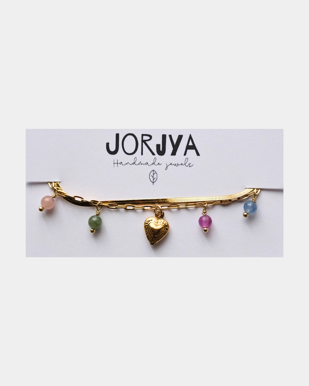 Bracciale con doppio filo con pendente a forma di cuore e pietre di tormalina