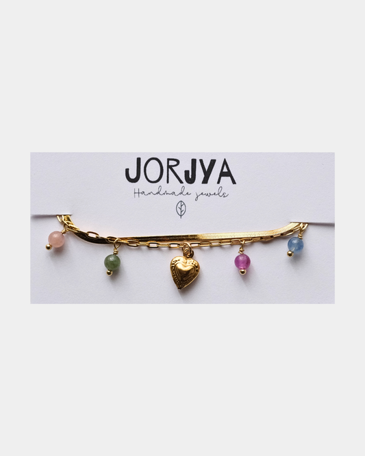 Bracciale con doppio filo con pendente a forma di cuore e pietre di tormalina