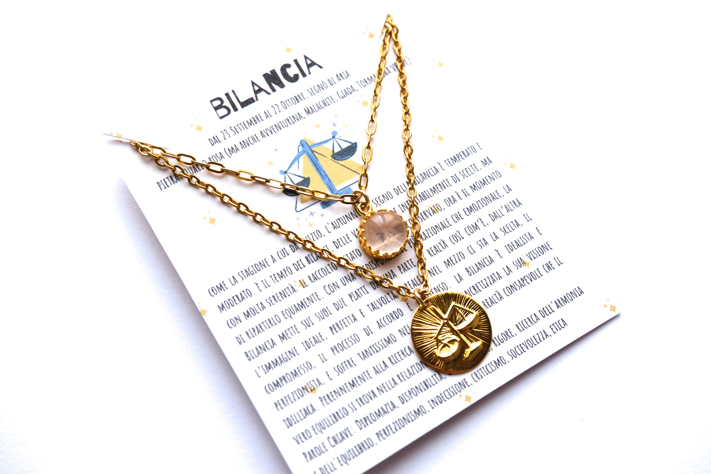 Collane con segno zodiacale della BILANCIA pietra di quarzo rosa