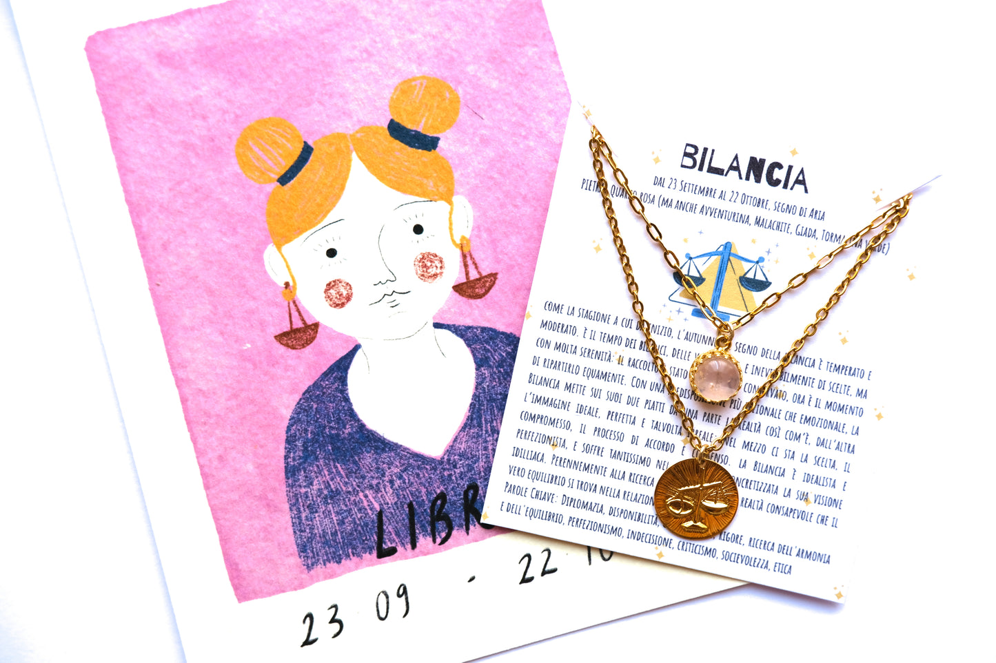 Collane con segno zodiacale della BILANCIA pietra di quarzo rosa