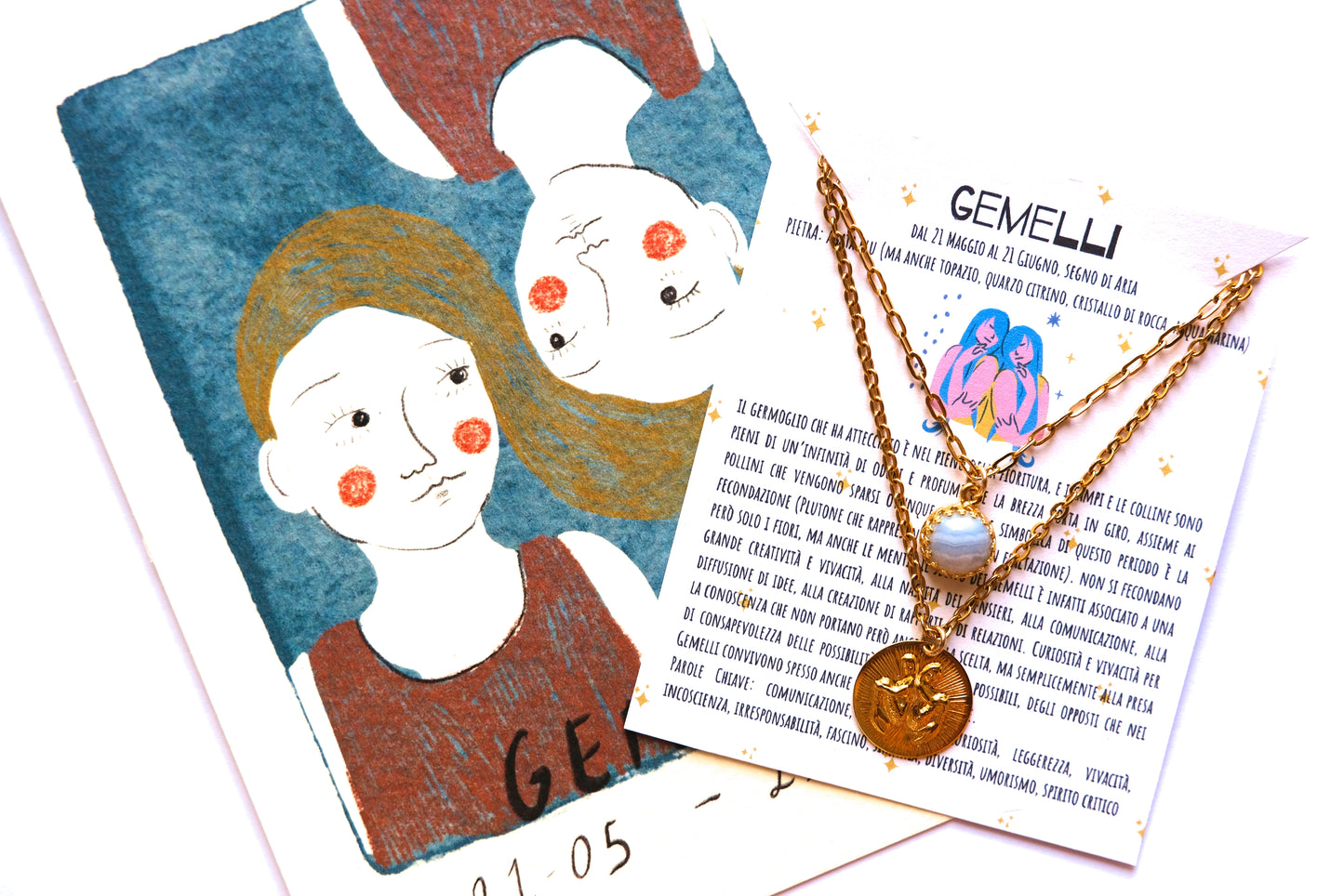 Collane con segno zodiacale dei GEMELLI e pietra di agata blu